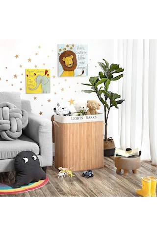 Doğal Bambu Katlanabilir Kirli Çamaşır Sepeti, Yıkanabilir Çıkarılabilir Astar Torbalı, Sele Görünümlü Şık Ve Dayanıklı Çamaşır Sepeti, Kapaklı Ve Ergonomik Tasarım 2 Bölmeli Çok Renkli