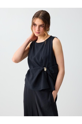 Jimmy Key Jimmy Key Siyah Büzgü Detaylı Yuvarlak Yaka Kolsuz Dokuma Bluz 6sw036564900