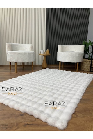 Saraz Halı Bubble Tavşan Post Yumuşacık Tavşan Tüyü Kaymaz Yıkanabilir Beyaz Beyaz