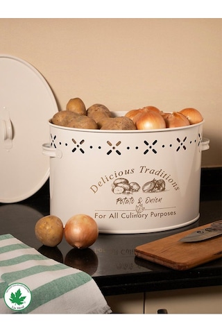 Lin Metal Büyük Boy Bölmeli Lüx Metal Patates Soğan Kovası - Krem