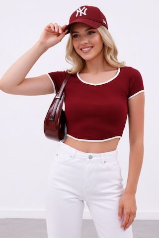 Zedefx Kadın Biyeli Yaka Detaylı T-shirt Bordo