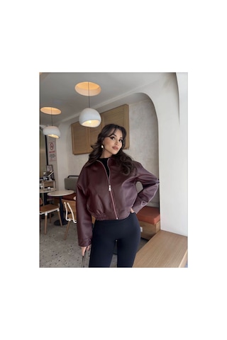 Merstore Yeni Sezon Kadın Bomber Deri Ceket Bordo Bordo