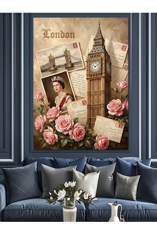 Londra Big Ben Ve Güller Kolaj Dekoratif Kanvas - Mdf Ahşap Tablo