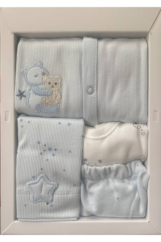 Altıntaş Baby Caramell Özel Kutusunda Yıldızlı Ayıcık Tulumlu 4'lü Set Mavi Mavi