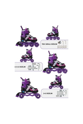 Melek Kanatlı Işıklı Çocuk Pateni Ve Dizlik Seti Silikon Teker Ayarlanabilir Paten Çantalı Mor Mor