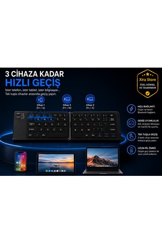 Katlanabilir Bluetooth Kablosuz Klavye 3 Cihaz Bağlantılı, Apple iOS Android Windows Uyumlu, Ultra İnce Taşınabilir