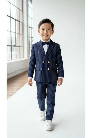 Bys Beystil Sivri Yaka Lacivert Çizgili Çocuk Kruvaze Elbise - Slim Fit