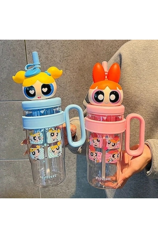 Wangxi Powerpuff Kızlar Buttercup Yeşili Blossom Su Bardağı Pipetli Kapaklı 37oz Ice King Kupa Sızdırmaz Seyahat Matarası Ahşap
