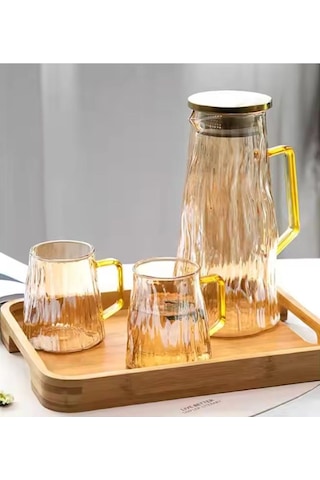 Qerhome Borosilikat Cam Sürahi Takım Elio 6 Bardaklı Gold 1800 Ml