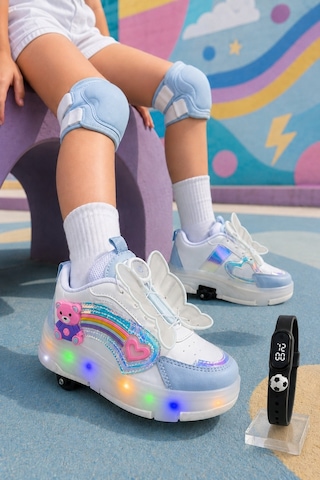Muggo Colourful Çocuk Işıklı Patenli Tekerlekli Sneaker Spor Ayakkabı Bebe Mavi
