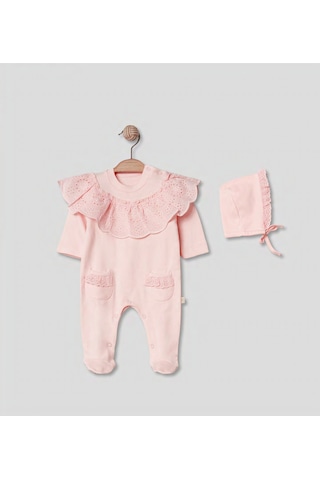 Pugi Baby Dantel Yaka Detaylı Bebek Tulum & Şapka Takımı Somon