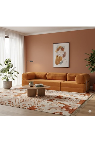 Herev 300x100 Köşe Koltuk Takımı / Yatak Olur / Yıkanabilir Fitilli Kadife Kumaşlı Turuncu