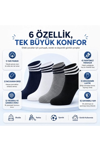 COjans Erkek Çocuk Pamuklu Çizgili Patik Çorap 4'lü Nefes Alan Esnek Okul Günlük Spor Çorabı Çok Renkli