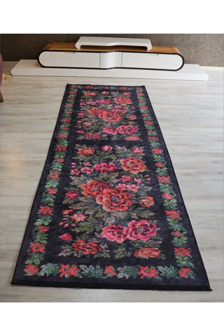 Karabağ Yolluk Yeşil Siyah Mutfak Halısı Yıkanabilir Kilim