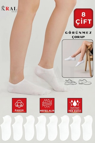 Kral Socks Kadın - Erkek 8 Li - 8 Çift Pamuklu Terletmez Yazlık Görünmez Çorap Seti Beyaz