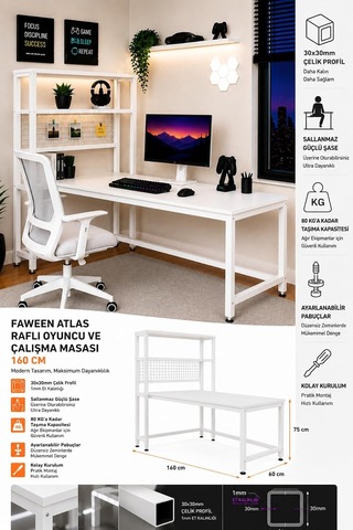 Atlas 160 Cm Raflı Oyuncu Ve Çalışma Masası, Gömme Gün Işığı Led'li, Beyaz Çok Renkli