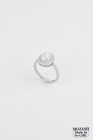Mozanit Taşlı 18 Ayar Beyaz Altın Kaplama Gümüş Ayarlanabilir Yüzük Beyaz