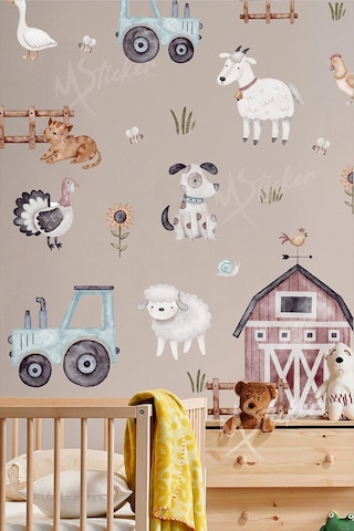 MSticker Çiftlikte Sevimli Hayvanlar Temalı Çocuk Bebek Odası Duvar Cam Sticker Seti