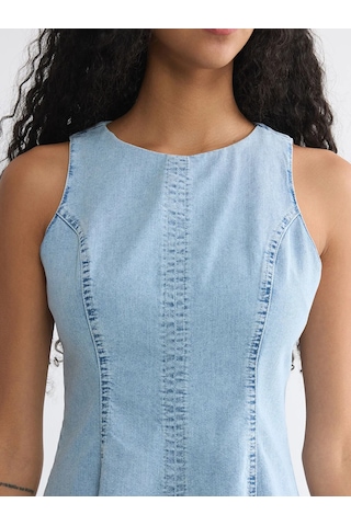 LC Waikiki Mavi Bisiklet Yaka A Kesim Mini Jean Elbise