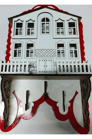 Işıklı Dekoratif Ahşap Ev Model Duvar Anahtarlık Askılık Beyaz - Kırmızı
