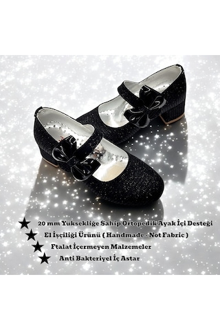 Beebron Ortopedik Topuklu Abiye Kız Çocuk Ayakkabı Shining Series Abiayk2401 Simli Siyah Siyah - Simli