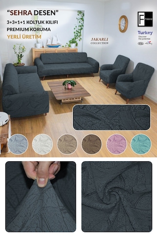 Jakarlı Sehra Desen 3 3 1 1 Lastikli Kanepe Örtüsü Lastikli Koltuk Örtüsü Koltuk Kılıfı Takımı Antrasit