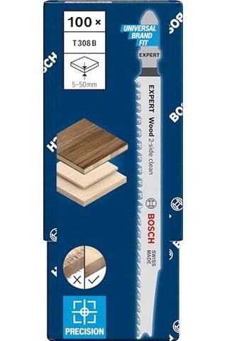 Professional 100x Expert Wood 2-side Clean' T 308 B Dekupaj Testere Bıçakları Sert Ahşap Mobilya Levhası, Kontr