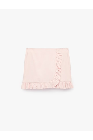 Koton Keten Görünümlü Slim Fit Fırfır Detaylı Kruvaze Mini Etek Pembe 6sak70271pw Gül