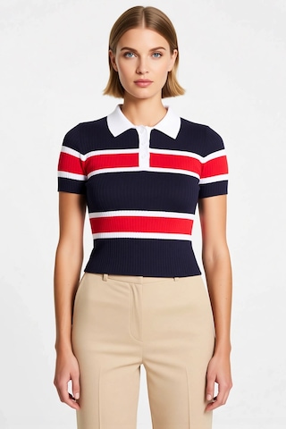 Benerly Kadın Bluz Polo Yaka Kısa Kol Triko İnce Fitilli Desenli Fitted K Ekru
