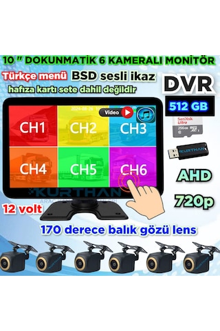 6 Ch 512 Gb 10 İnç Dokunmatik Usb Bsd Dvr Ekran 170'' Balık Gözü Ahd 720p Rca Kamera 12 Volt