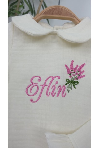 Gros Shop Müslin Yeni Doğan 4katlı Organik %100pamuk Kişiye Özgü Nakışlı Hastane Çıkış Seti Lavanta Modeli Ekru