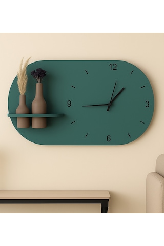 Modern Tasarım Raflı Nera Duvar Saati 75x45 Yeşil