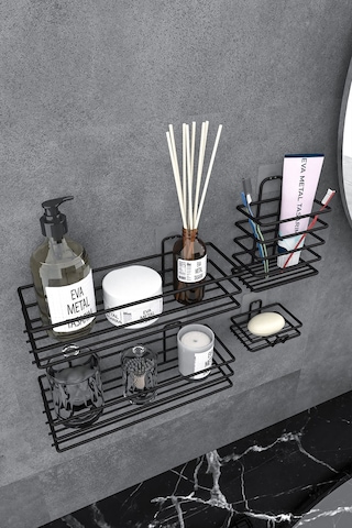 Eva Metal Tasarim Yapışkanlı Banyo Seti Duş Rafı + Sabunluk + Diş Fırçalık Metal Set Siyah