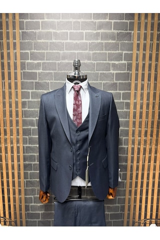 Dupont Classics Erkek Slim Fit 6 Drop Sivri Yaka Yelekli Filafil Çift Yırtmaç Takım Elbise Koyu Lacivert