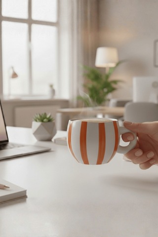 Turuncu Çizgili 400 Ml El Yapımı Seramik Çay Kahve Mug Kupası Mıt1323 Turuncu - Beyaz