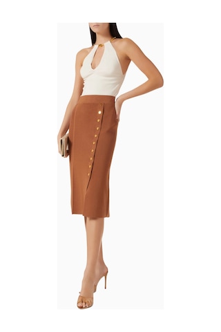 Elisabetta Franchi Triko Jewel Button Detaylı, Sofistike Midi Etek Kahverengi