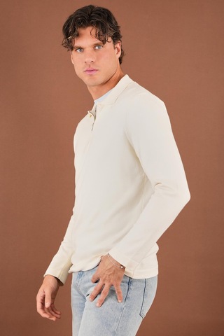 Fermuarlı Polo Yaka Kazak Ekru