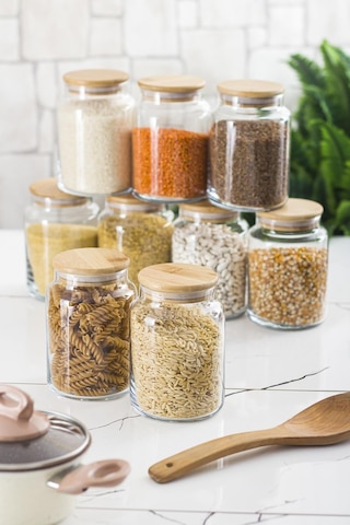 9 Lu Set Bambu Kapaklı Cam Kavanoz & Erzak Saklama Kabı 800 Ml Orta Boy Vakum Kapak Çok Renkli