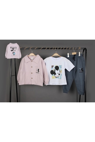 Erkek Çocuk Mickey Mouse Baskılı 3 Gömlek Ceket T-shirt Ve Eşofman 3 Parça Mevsimlik Takım Açık Kahverengi