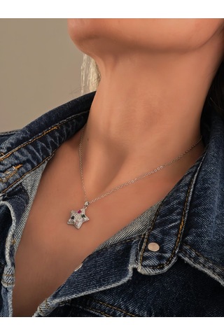 Eva Takı Store Yıldız Model Renkli Zirkon Taşlı Silver Renk Kolye Silver
