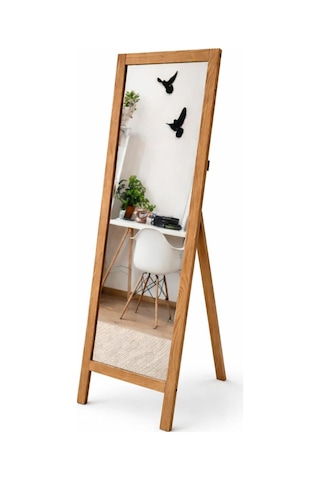 Asvera Ahşap Ayaklı Boy Aynası 145x40 Cm Flotal Devrilmez Natürel Ayna Bej