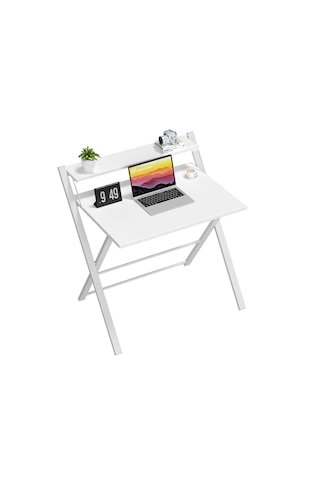 Metal Ayaklı Laptop Masası, Katlanır Çalışma Masası, Raflı Masa, Katlanır Laptop Sehpası Beyaz-beyaz