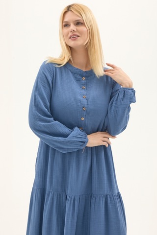 Uzun Kol İndigo Düğmeli Yazlık Uzun Müslin Elbise İndigo