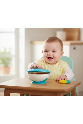 Babyjem Vakumlu Sabitlenebilir Kapaklı Mama Beslenme Tabağı Mavi (BPA İçermez)
