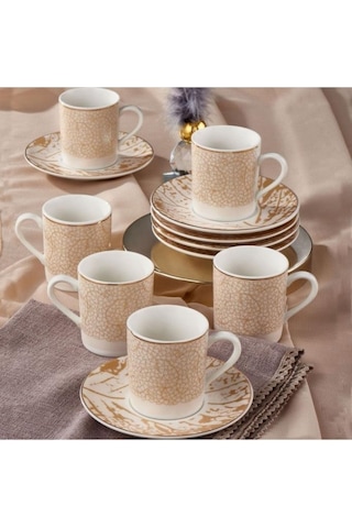 Güral Porselen Camelıa 12 Parça 6 Kişilik Bone Türk Kahvesi Fincan Takımı - 2511 Bej