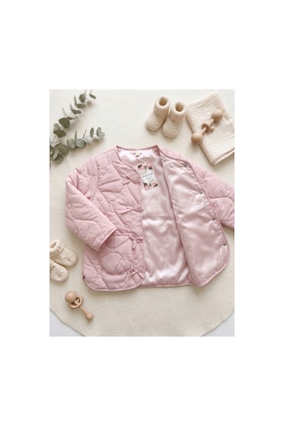 Deniva Kids Kız Çocuk Pudra Pembe Kalp Kapitone Fiyonk Detaylı Mevsimlik Ceket Mont