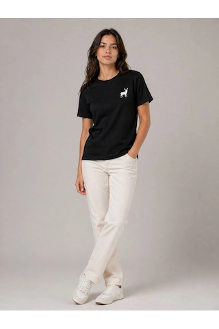 Novalisse Kadın Minimal Geyik Logolu Tişört Bisiklet Yaka Kısa Kol Yazlık T-shirt - Siyah Çoklu Renk