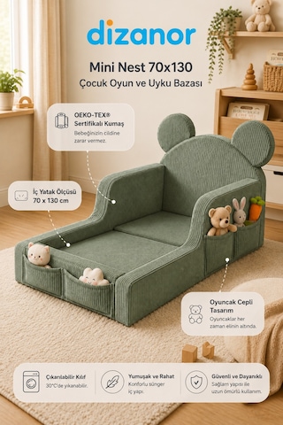 Dizanor Mini Nest 6'sı 1 Arada Bebek Oyun Parkı Ve Park Yatak Yeşil Fitilli 70 X 130