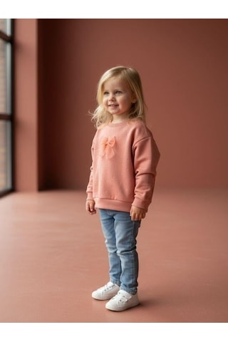 Zekids Kız Bebek Pamuklu Taşlı Fiyonk Detaylı Oversize Tasarım Sweatshirt-16558 Pudra