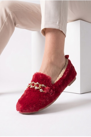 Nmoda Kadın Peluş Panduf Gold Zincir Taşlı Aksesuarlı Kapalı Loafer Yumuşak Tabanlı Kışlık Rahat Babet Kırmızı